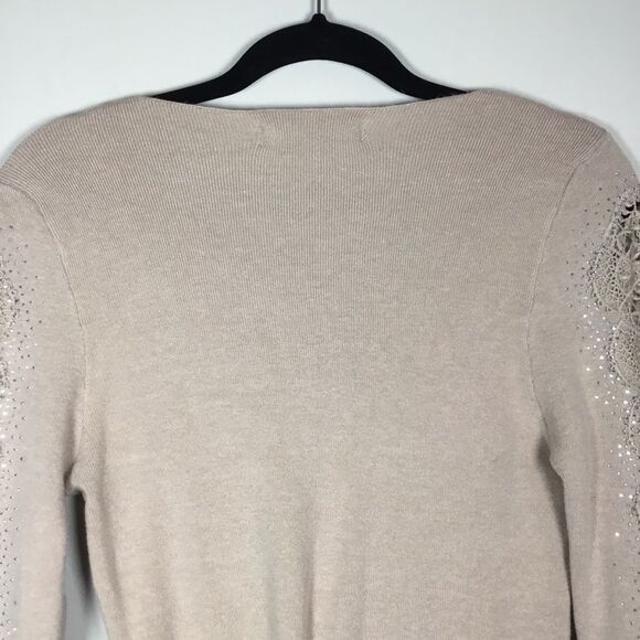 Blush pink taupe knit sweater with rhinestones and embroidery sleeve v neck XL - Picture 8 of 10